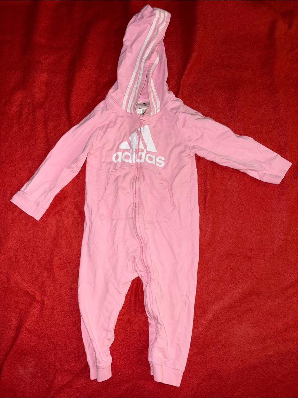 adidas Pink Hooded Baby One-Piece with White Logo